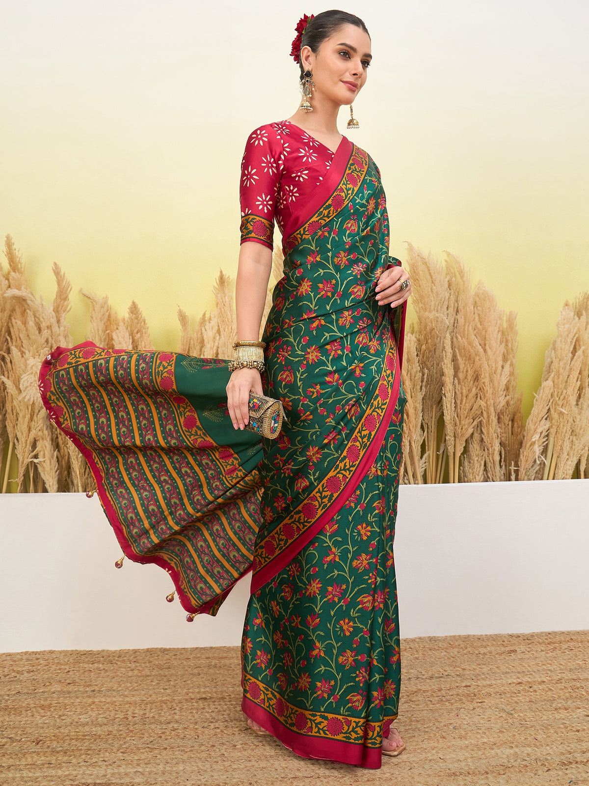 Peachmode Green Semi Modal Printed Saree - Image 4