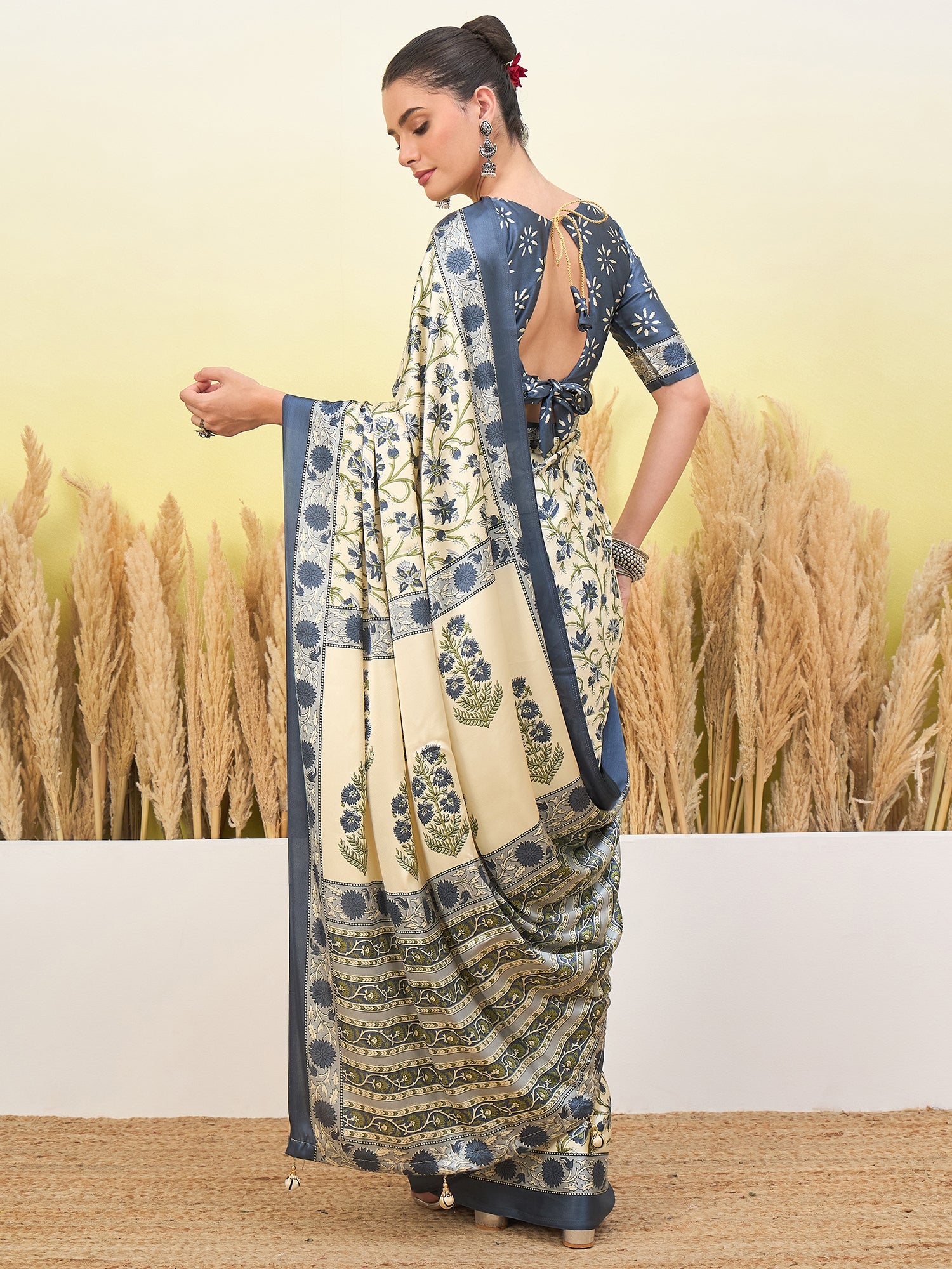 Peachmode Sky Blue Semi Modal Printed Saree - Image 2