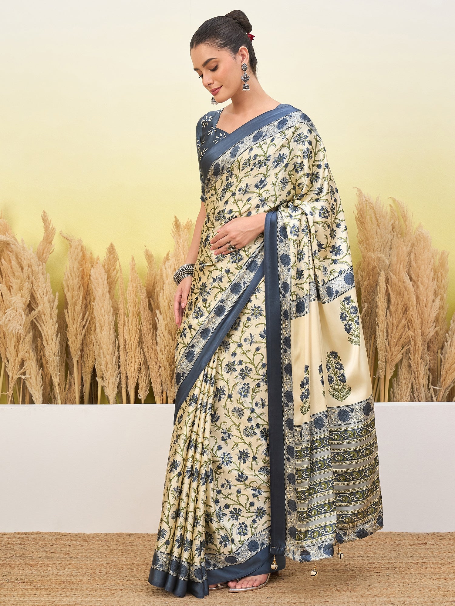Peachmode Sky Blue Semi Modal Printed Saree - Image 3