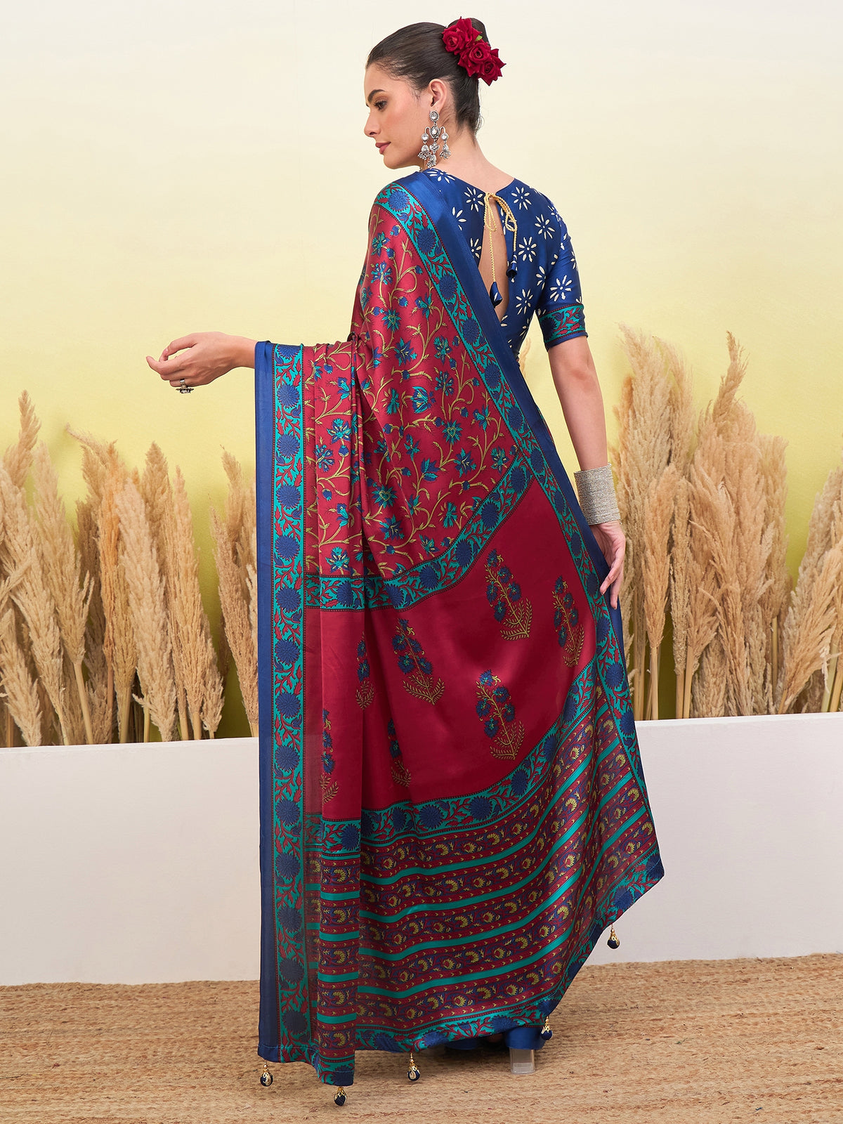 Peachmode Red Semi Modal Printed Saree - Image 2