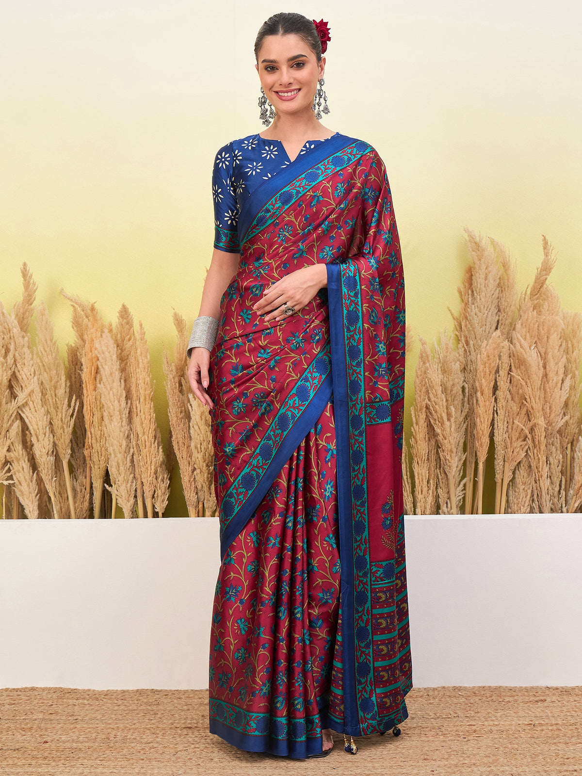 Peachmode Red Semi Modal Printed Saree - Image 1