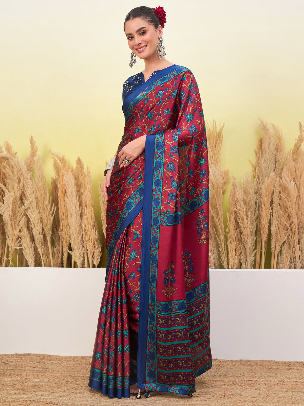 Peachmode Red Semi Modal Printed Saree - Image 3