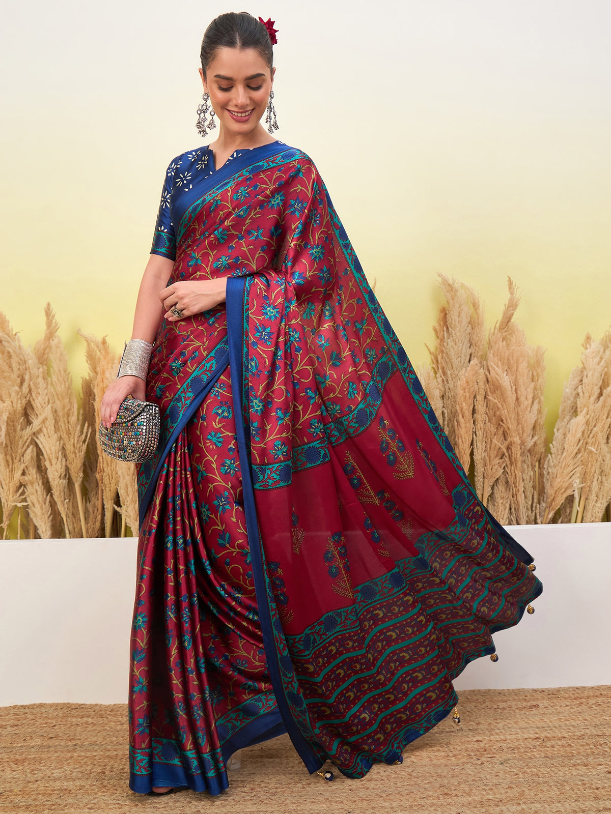 Peachmode Red Semi Modal Printed Saree - Image 4