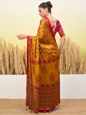 Peachmode Yellow Semi Modal Printed Saree - Image 2