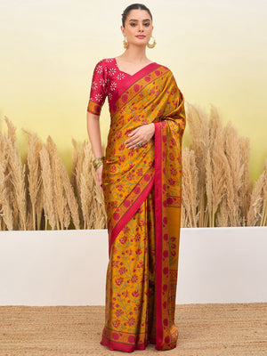 Peachmode Yellow Semi Modal Printed Saree - Image 1