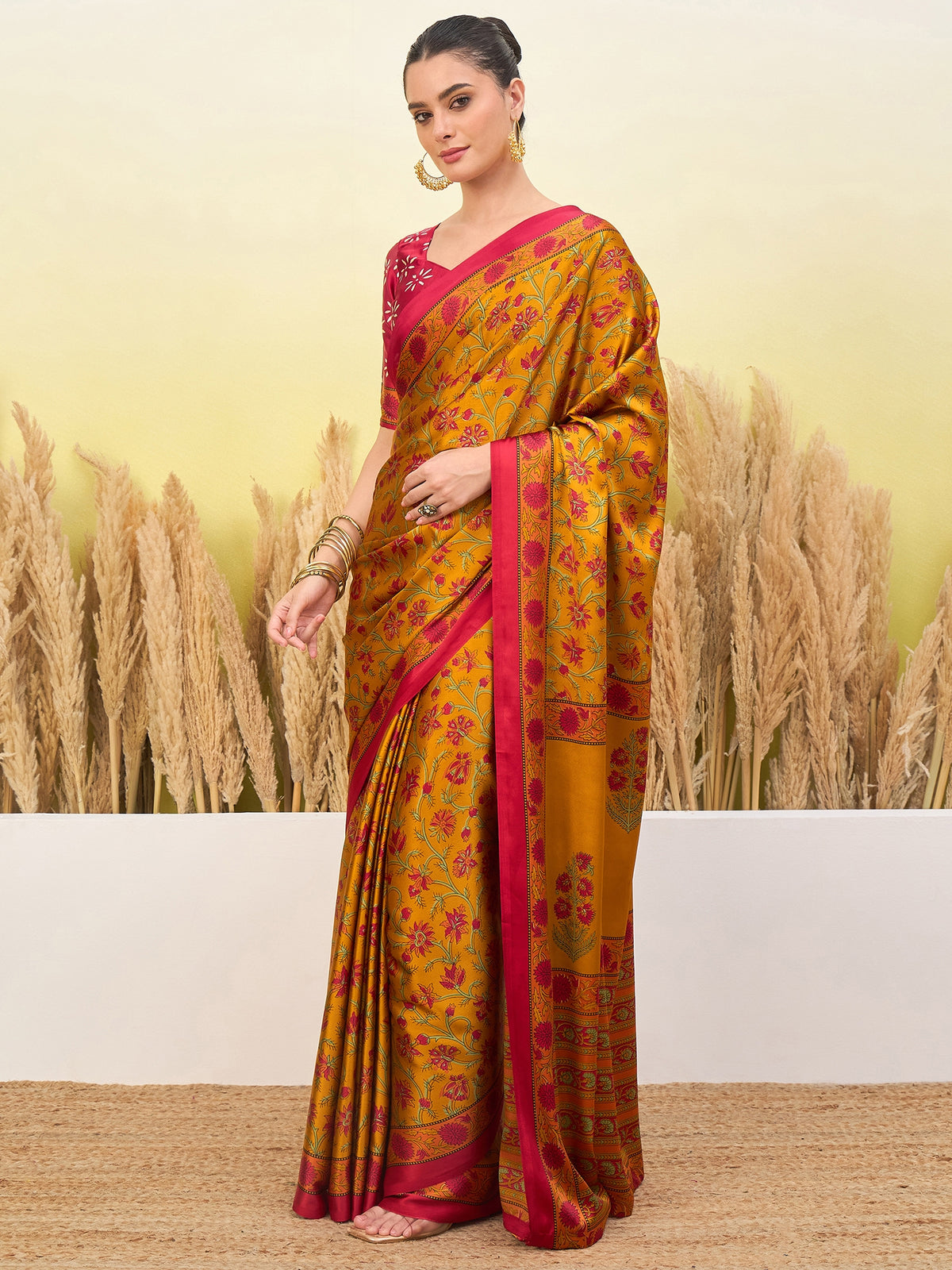 Peachmode Yellow Semi Modal Printed Saree - Image 3