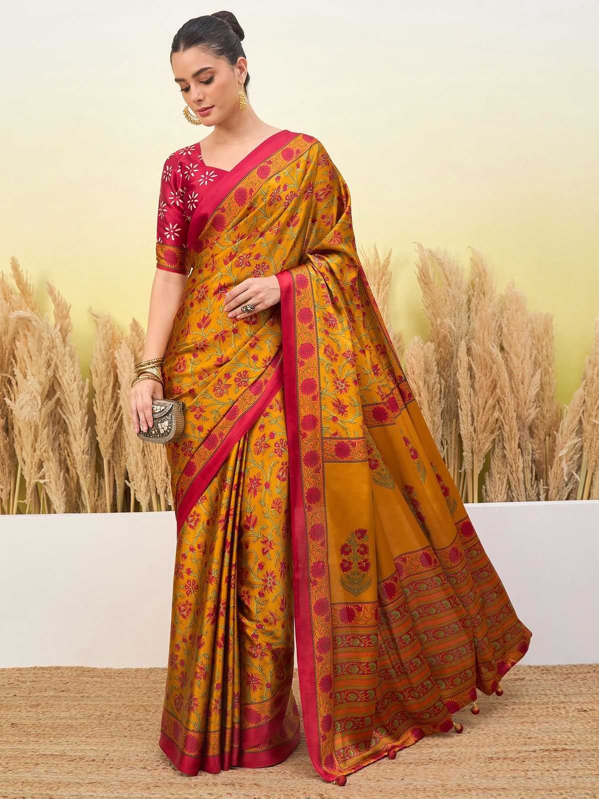 Peachmode Yellow Semi Modal Printed Saree - Image 4