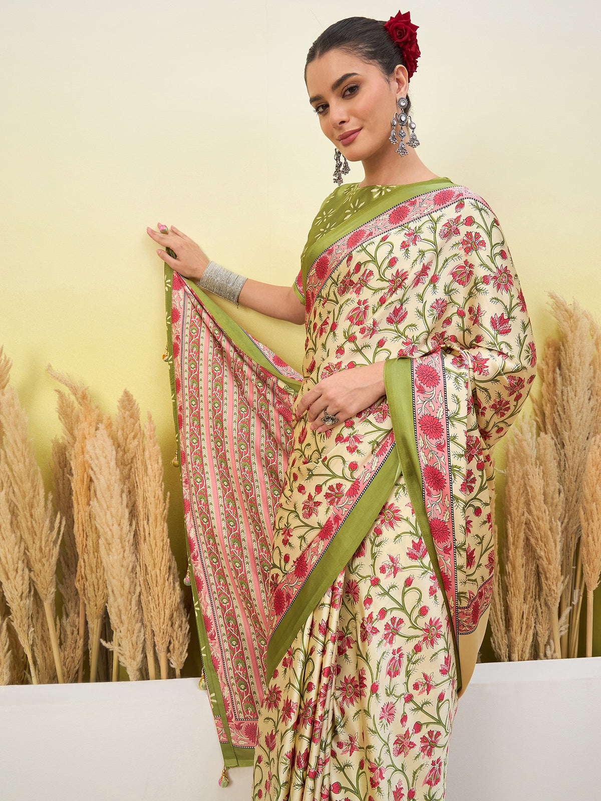 Peachmode Light Green Semi Modal Printed Saree - Image 3