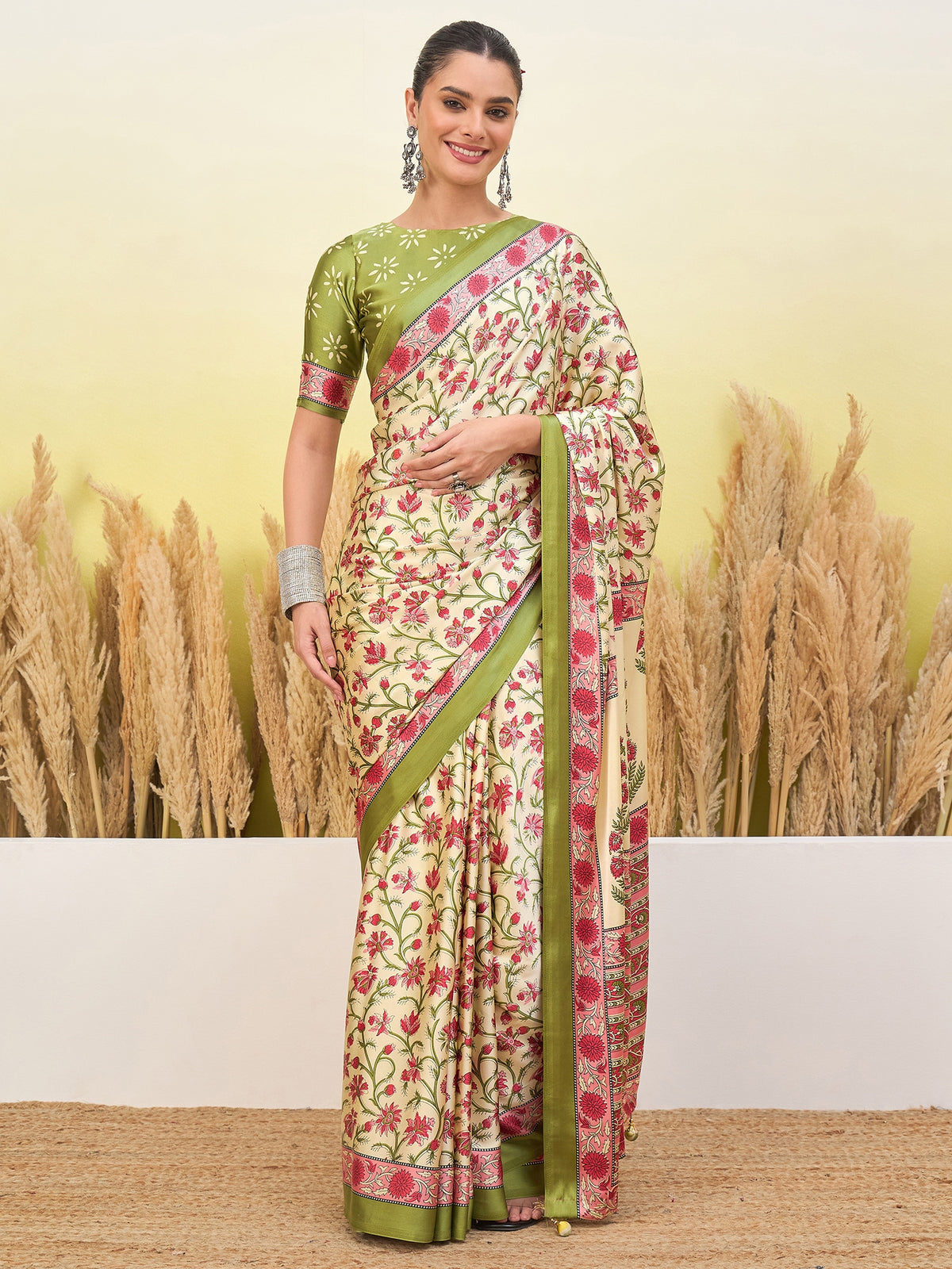 Peachmode Light Green Semi Modal Printed Saree - Image 4