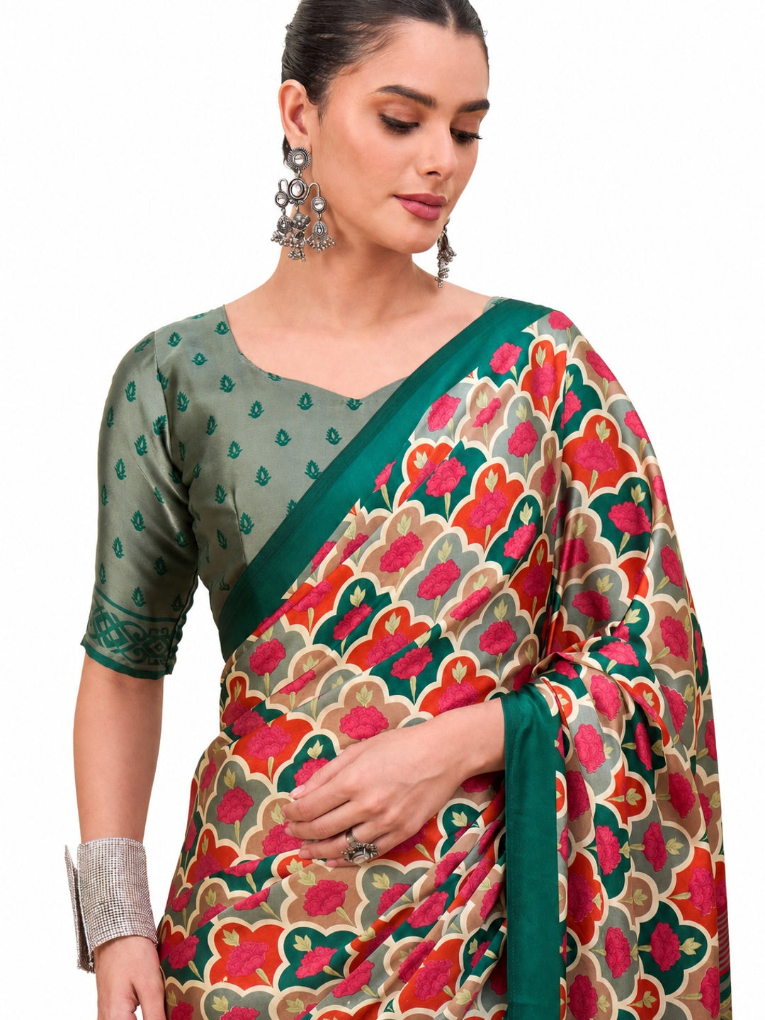 Peachmode Green Semi Modal Printed Saree - Image 9