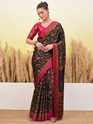 Peachmode Black Semi Modal Printed Saree - Image 1