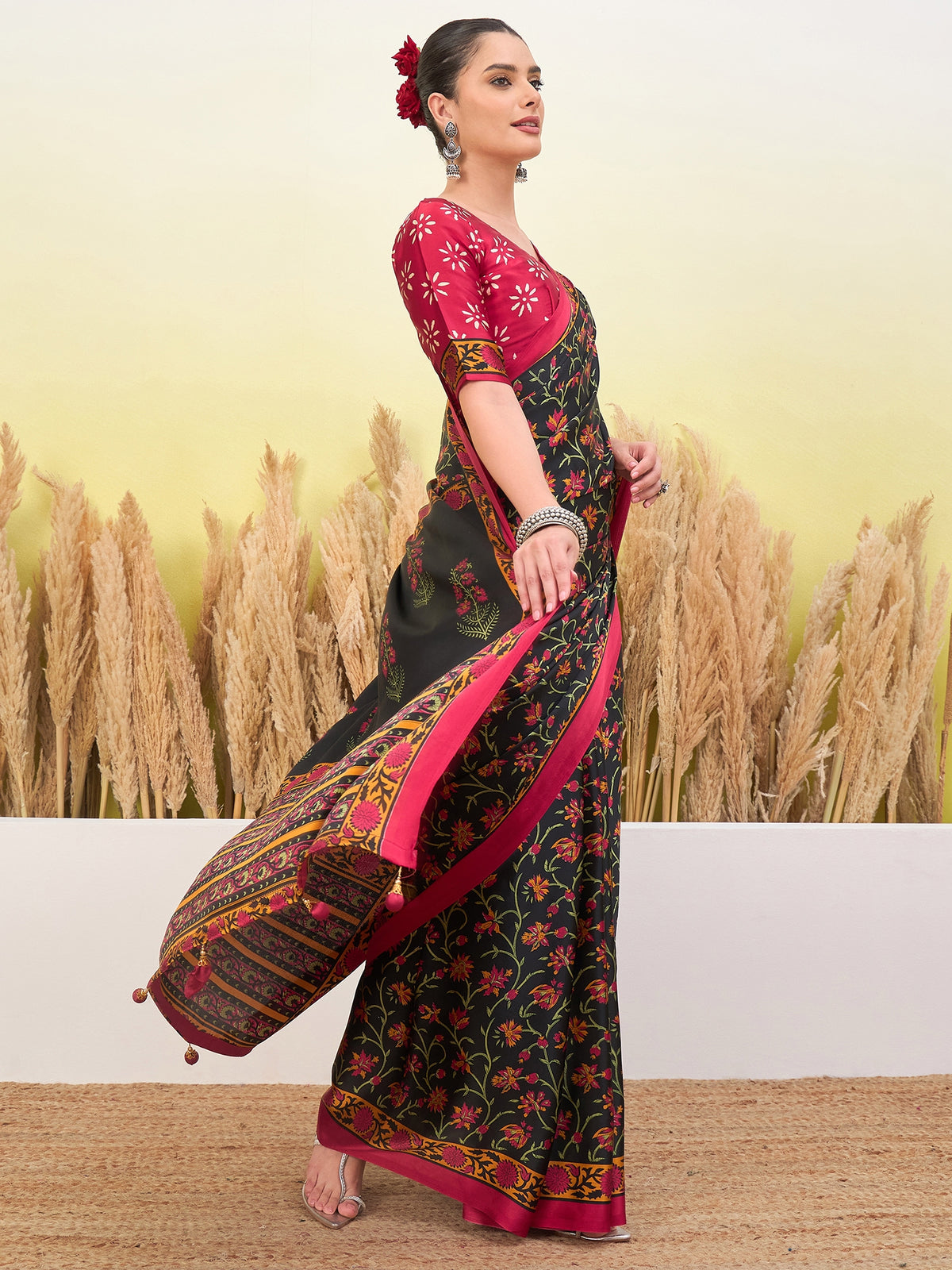 Peachmode Black Semi Modal Printed Saree - Image 4
