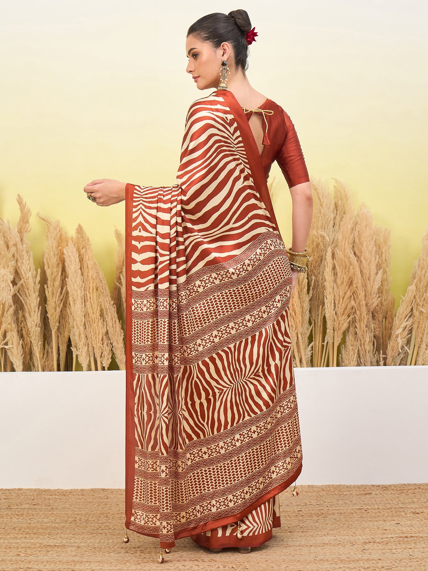 Peachmode Rust Semi Modal Printed Saree - Image 2