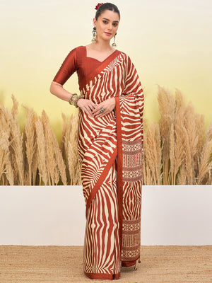 Peachmode Rust Semi Modal Printed Saree - Image 1