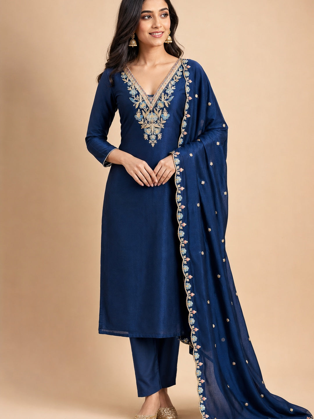 Peachmode Blue Vichitra Silk Dress Material with Floral Embroidery - Image 2