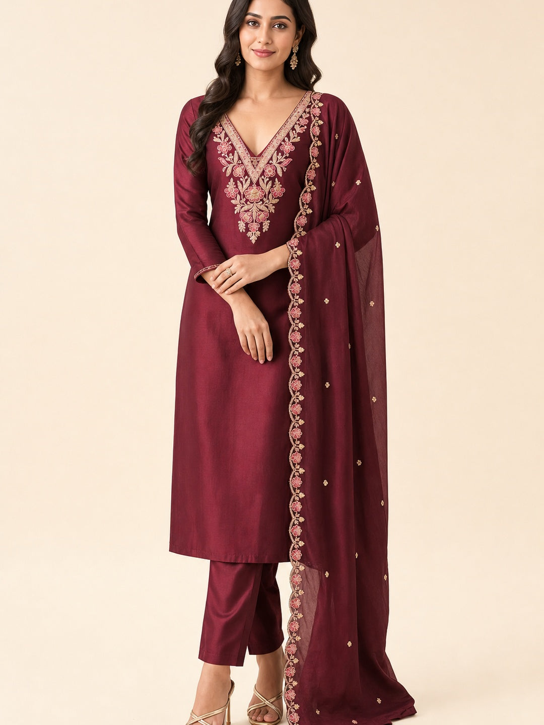 Peachmode Wine Vichitra Silk Dress Material with Floral Embroidery - Image 2