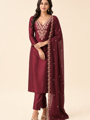 Peachmode Wine Vichitra Silk Dress Material with Floral Embroidery - Image 1
