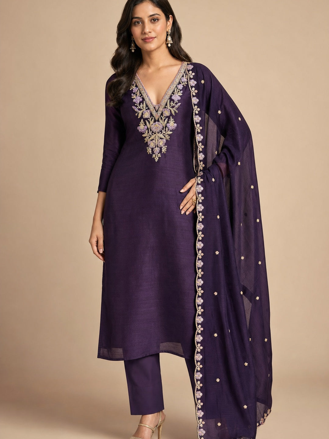 Peachmode Purple Vichitra Silk Dress Material with Floral Embroidery - Image 2