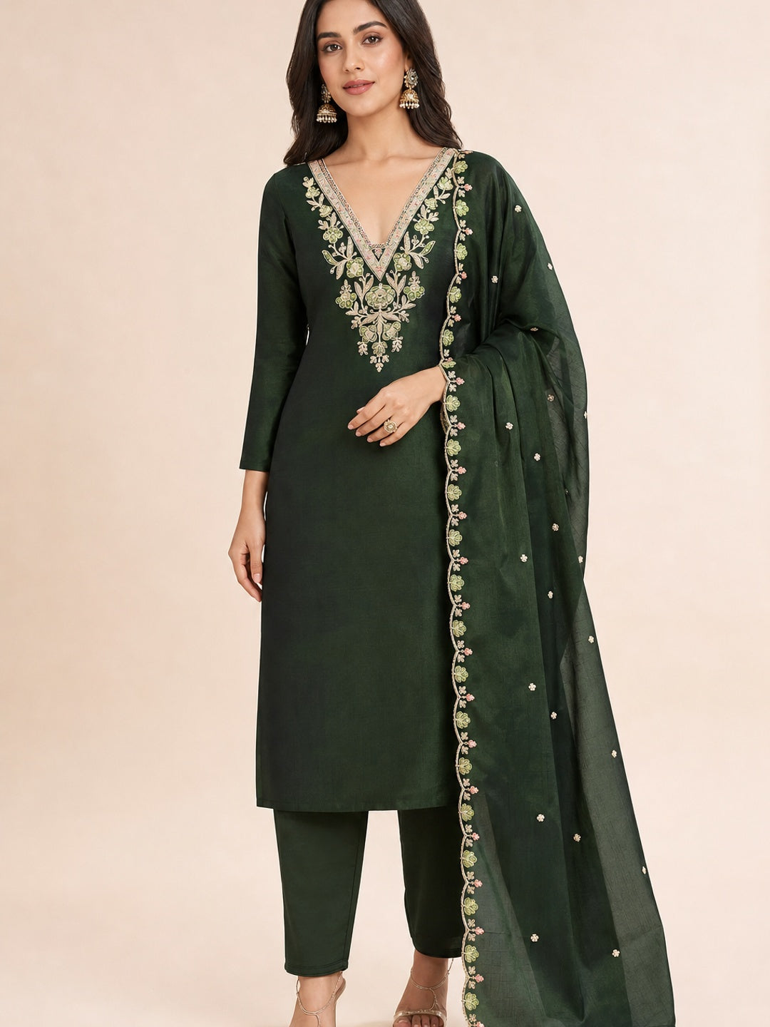 Peachmode Green Vichitra Silk Dress Material with Floral Embroidery - Image 2