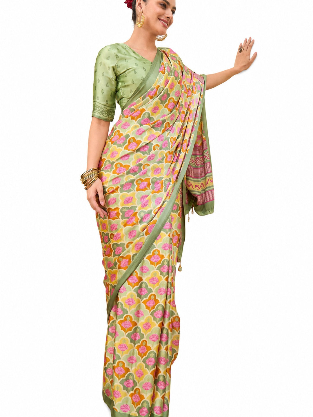 Peachmode Pista Semi Modal Printed Saree - Image 9