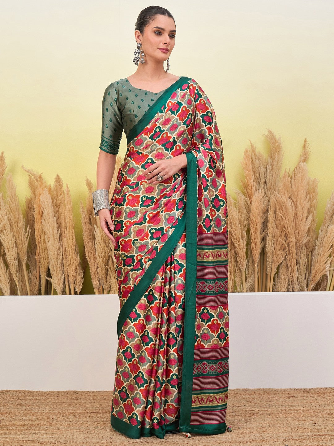 Peachmode Green Semi Modal Printed Saree - Image 1