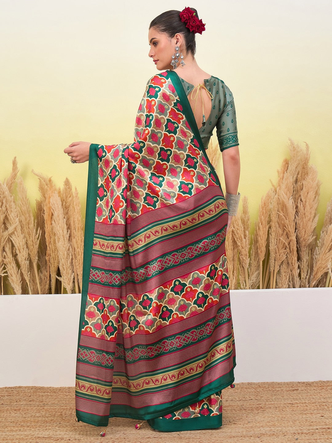 Peachmode Green Semi Modal Printed Saree - Image 2