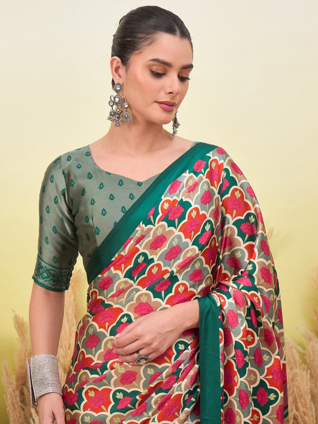 Peachmode Green Semi Modal Printed Saree - Image 3