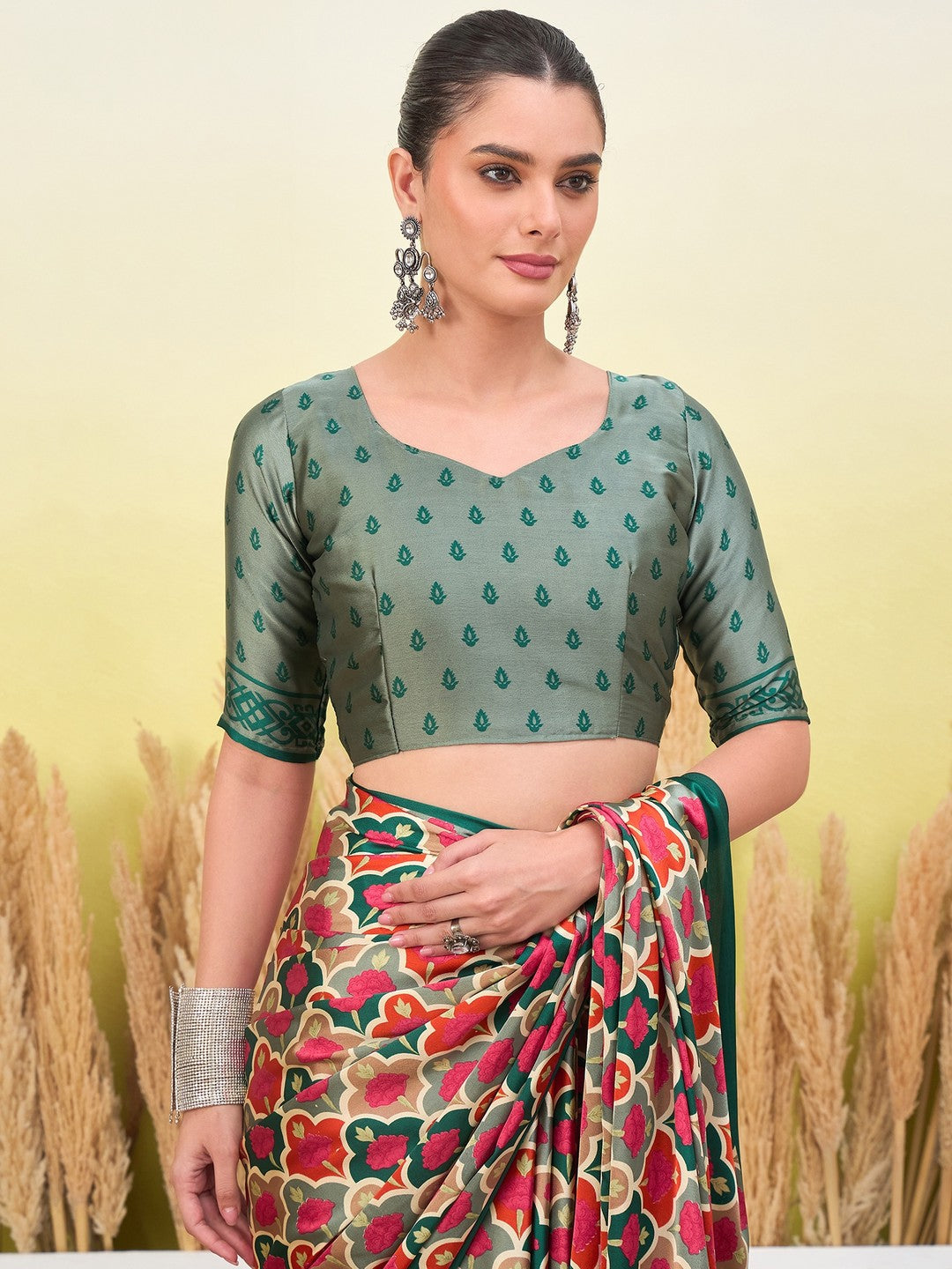 Peachmode Green Semi Modal Printed Saree - Image 4