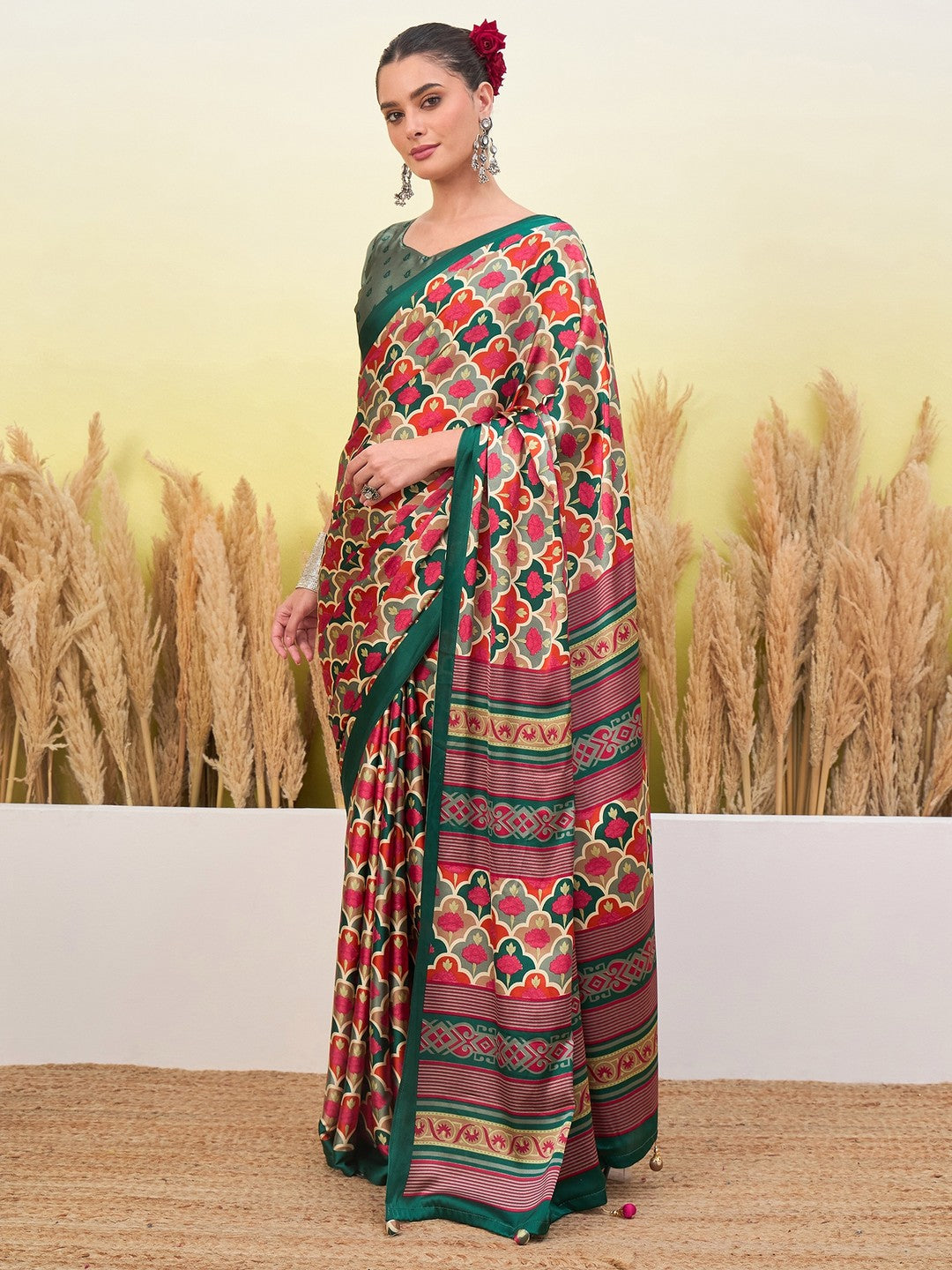 Peachmode Green Semi Modal Printed Saree - Image 5