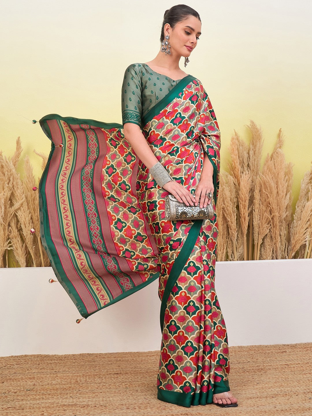 Peachmode Green Semi Modal Printed Saree - Image 6