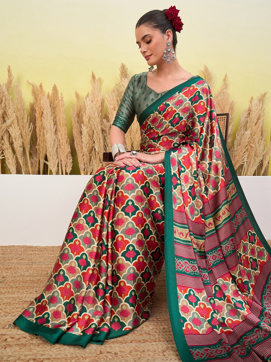 Peachmode Green Semi Modal Printed Saree - Image 7