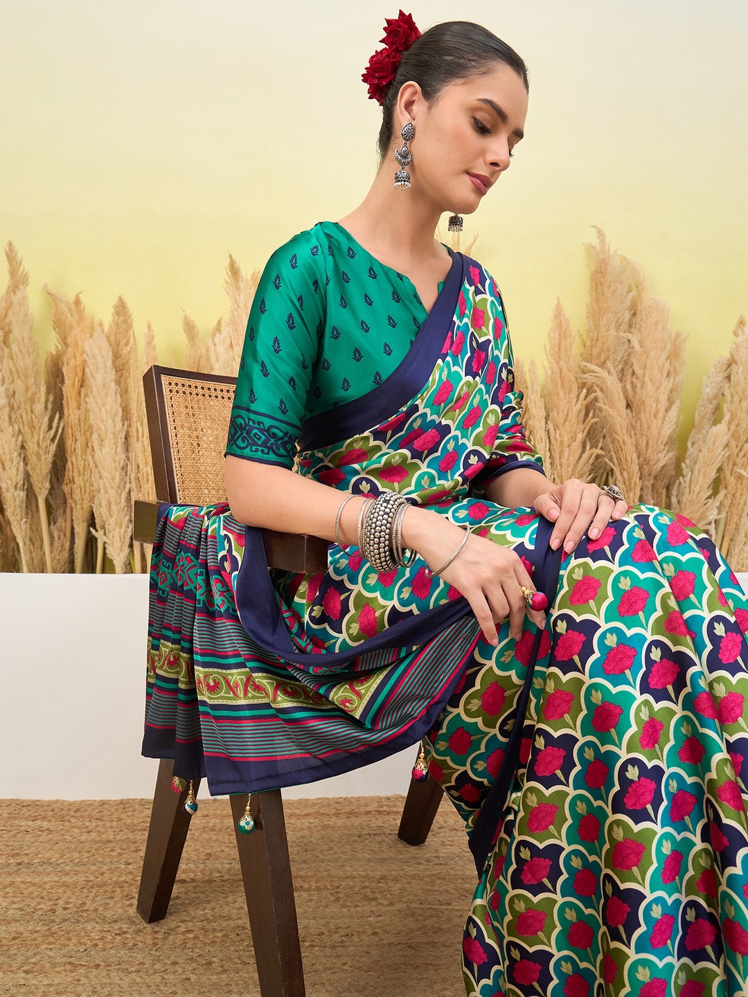Peachmode Blue Semi Modal Printed Saree - Image 7