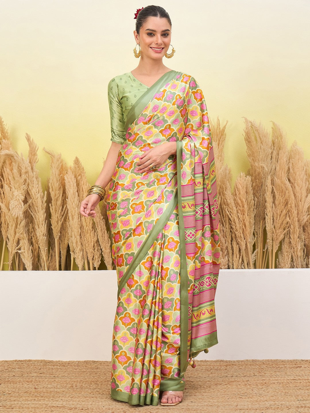 Peachmode Pista Semi Modal Printed Saree - Image 1