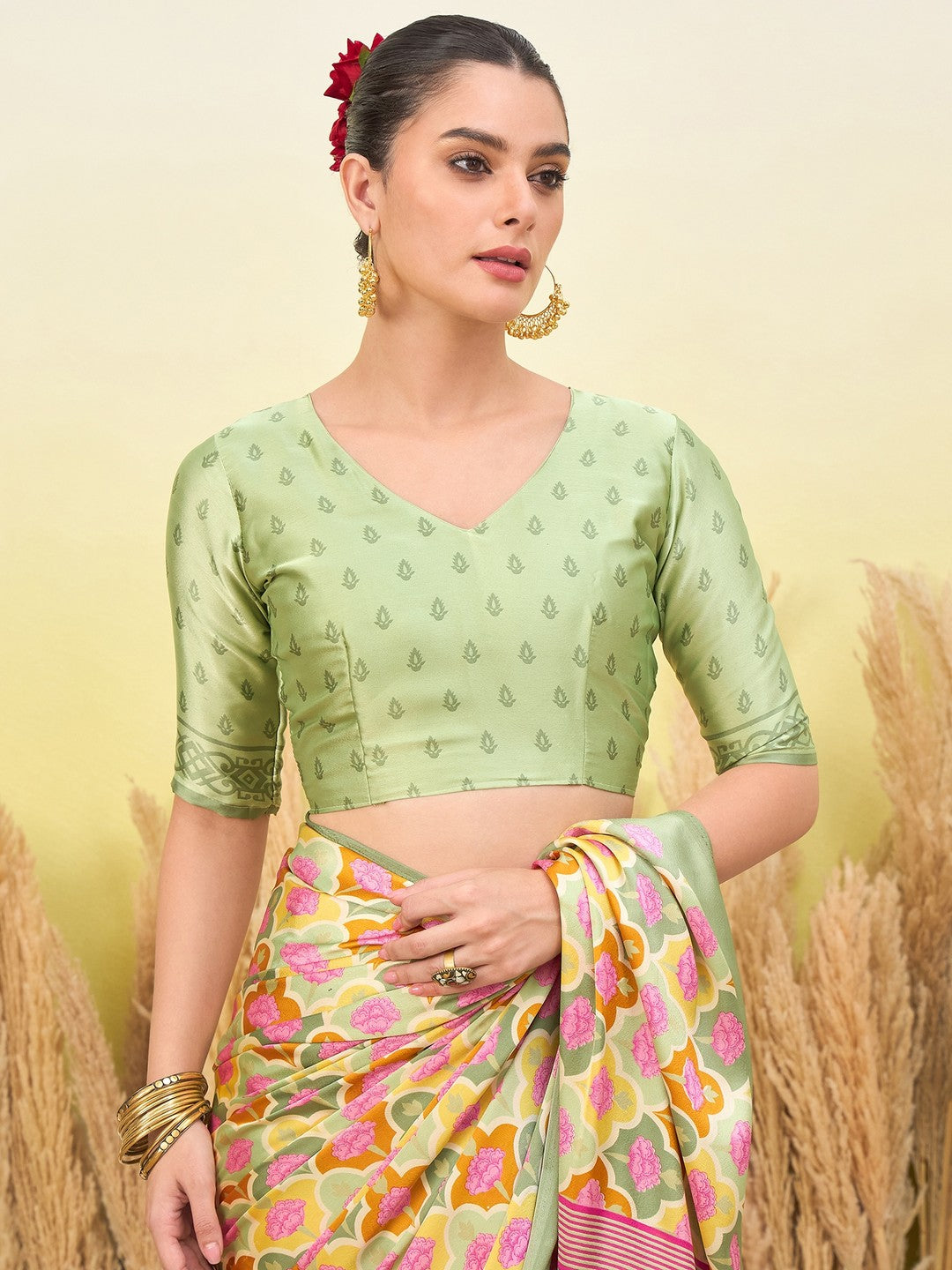 Peachmode Pista Semi Modal Printed Saree - Image 2