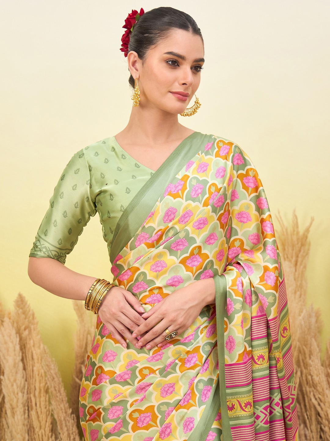Peachmode Pista Semi Modal Printed Saree - Image 4