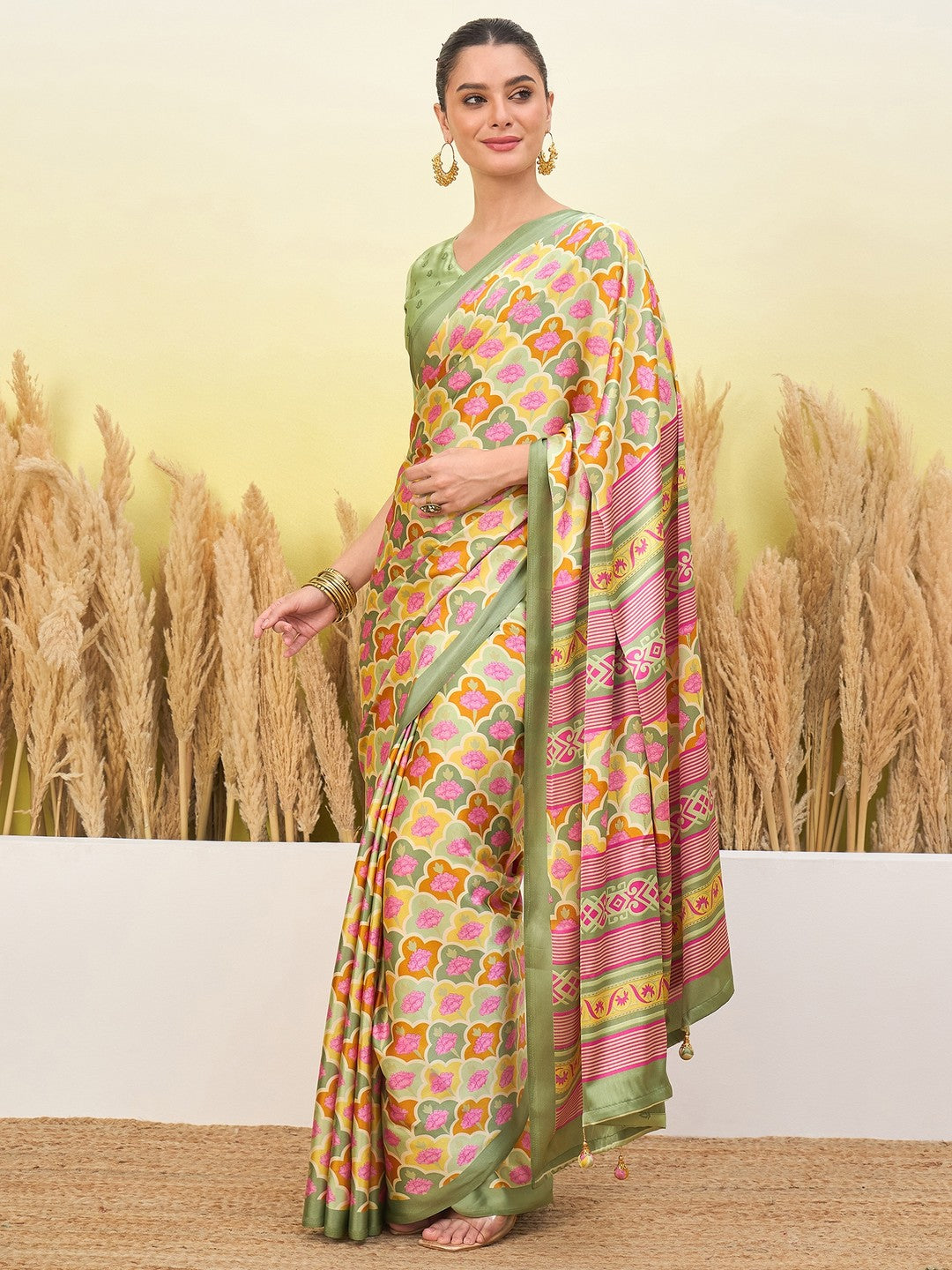 Peachmode Pista Semi Modal Printed Saree - Image 5