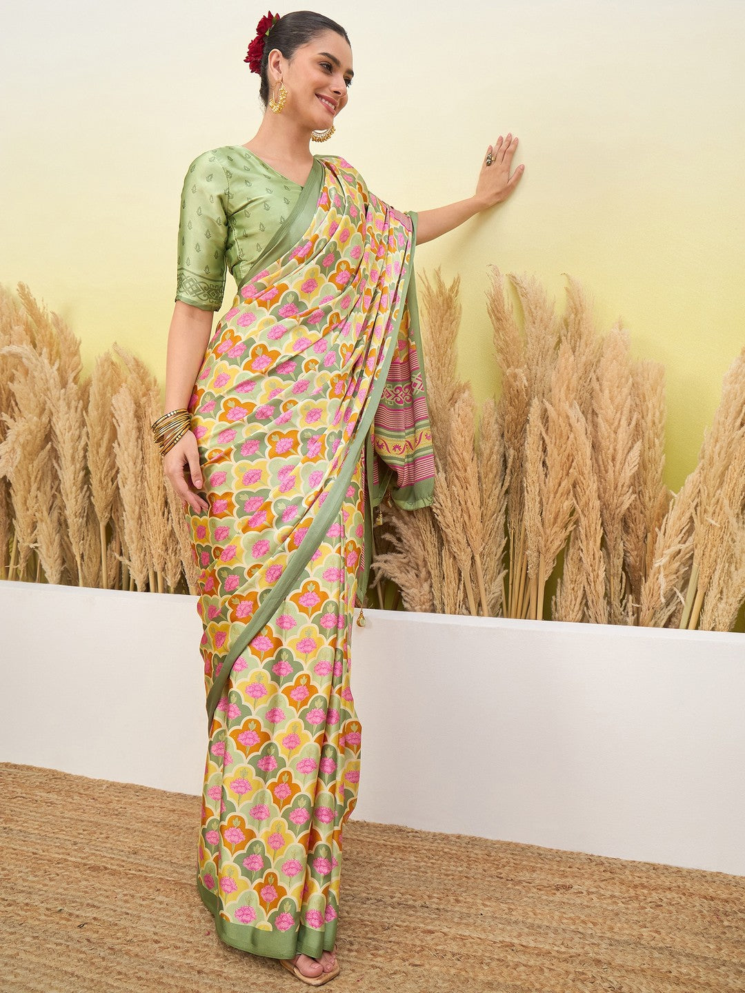 Peachmode Pista Semi Modal Printed Saree - Image 6