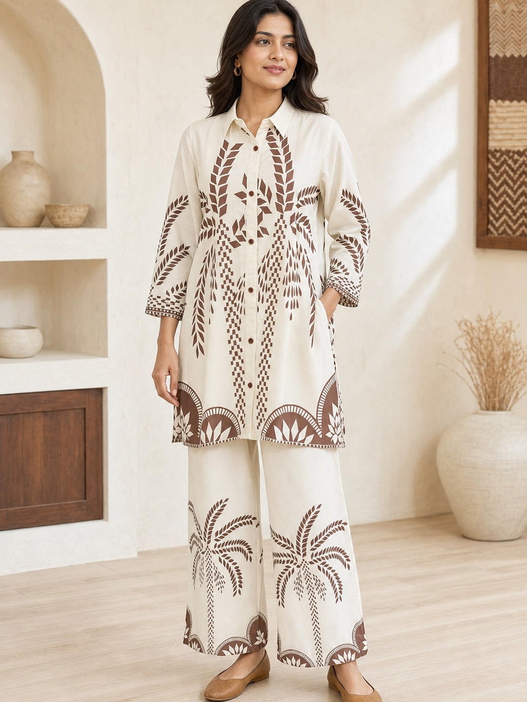 Off White French Crepe Printed Co-ord Set - Image 1