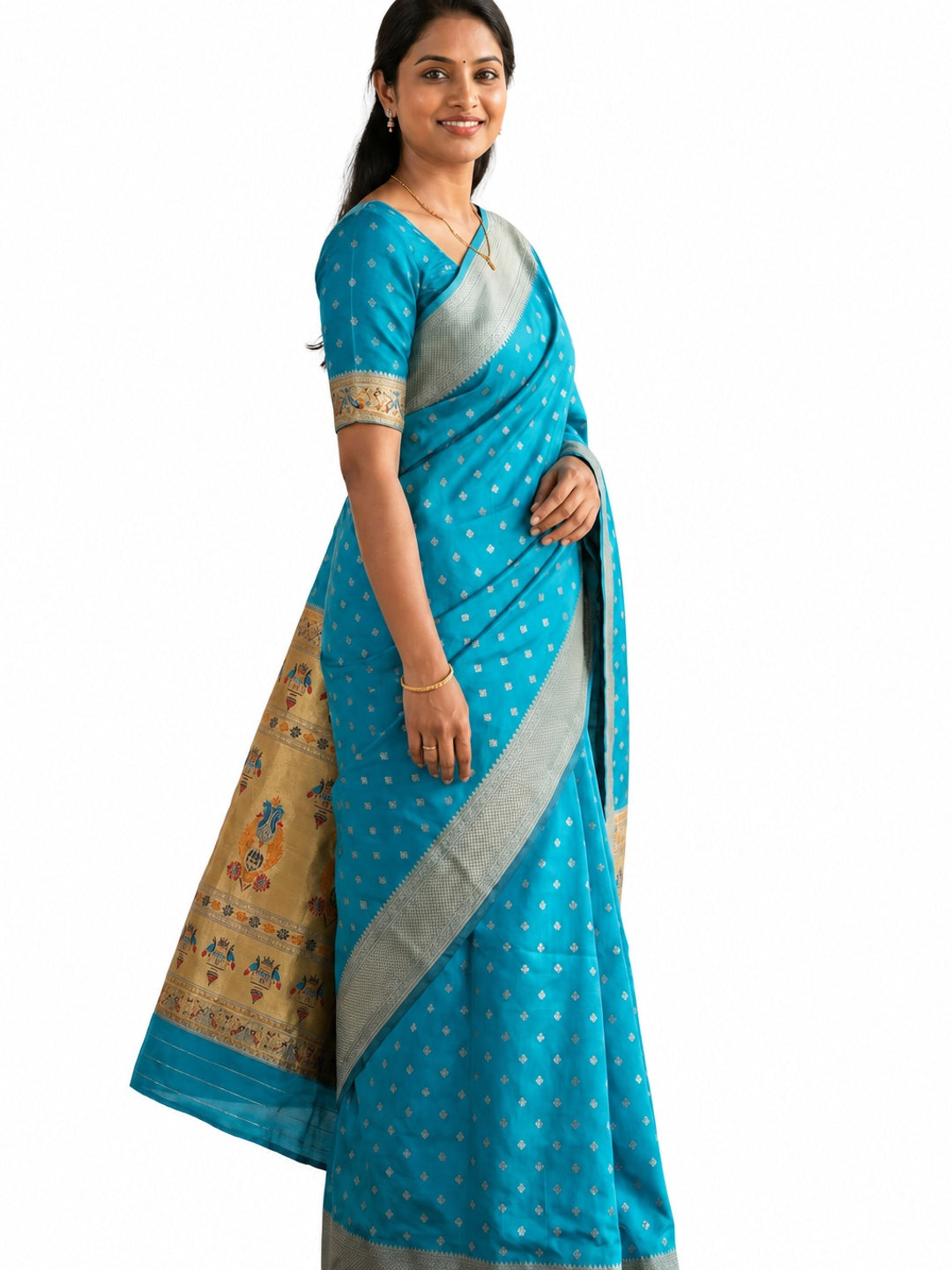 Peachmode Turquoise Paithani Silk Zari Meenakari Saree - Image 5