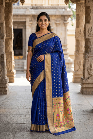 Peachmode Blue Paithani Silk Zari Meenakari Saree - Image 1