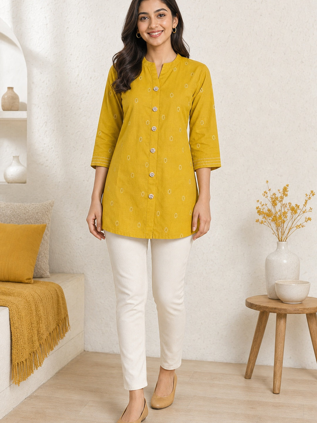 Yellow Pure Cotton Embroidered Short Top - Image 3
