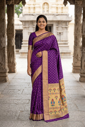 Peachmode Purple Paithani Silk Zari Meenakari Saree - Image 1