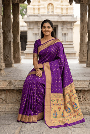Peachmode Purple Paithani Silk Zari Meenakari Saree - Image 2