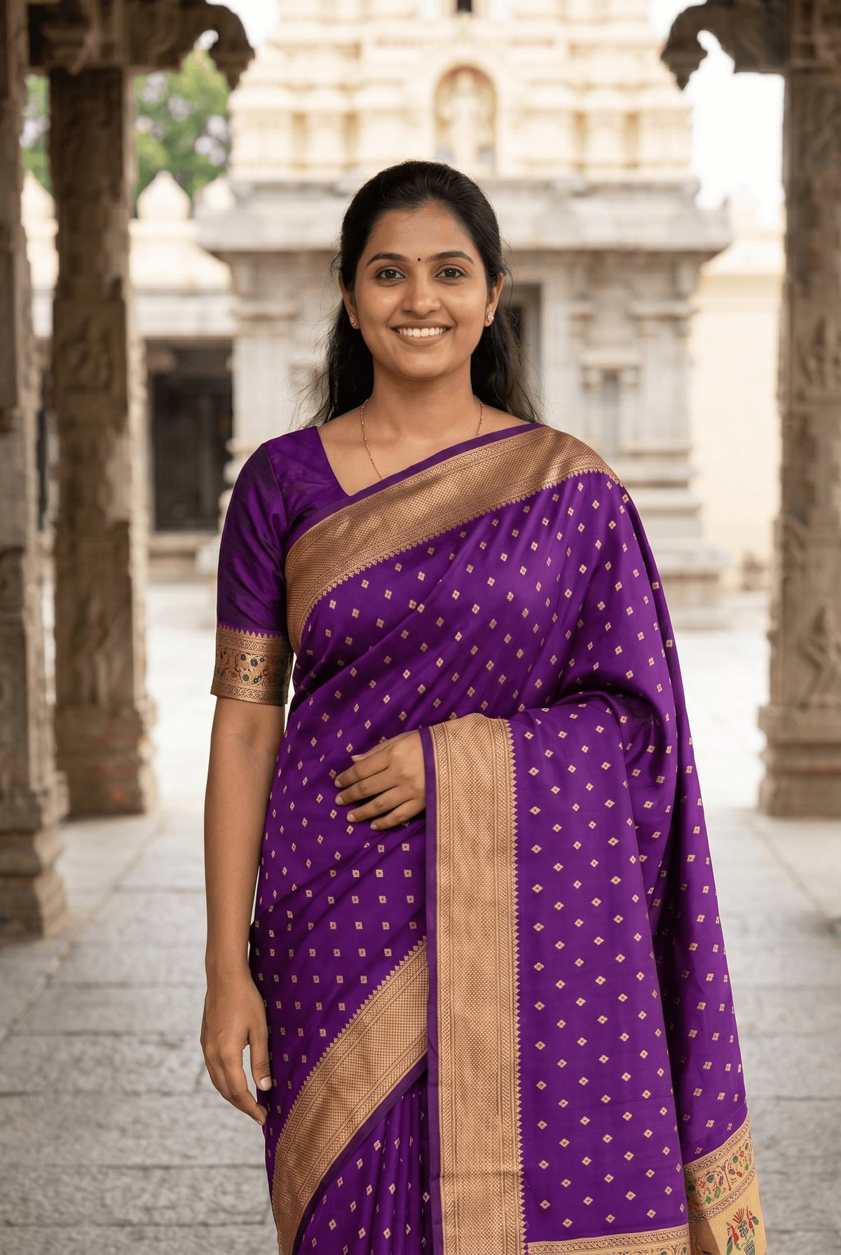 Peachmode Purple Paithani Silk Zari Meenakari Saree - Image 4