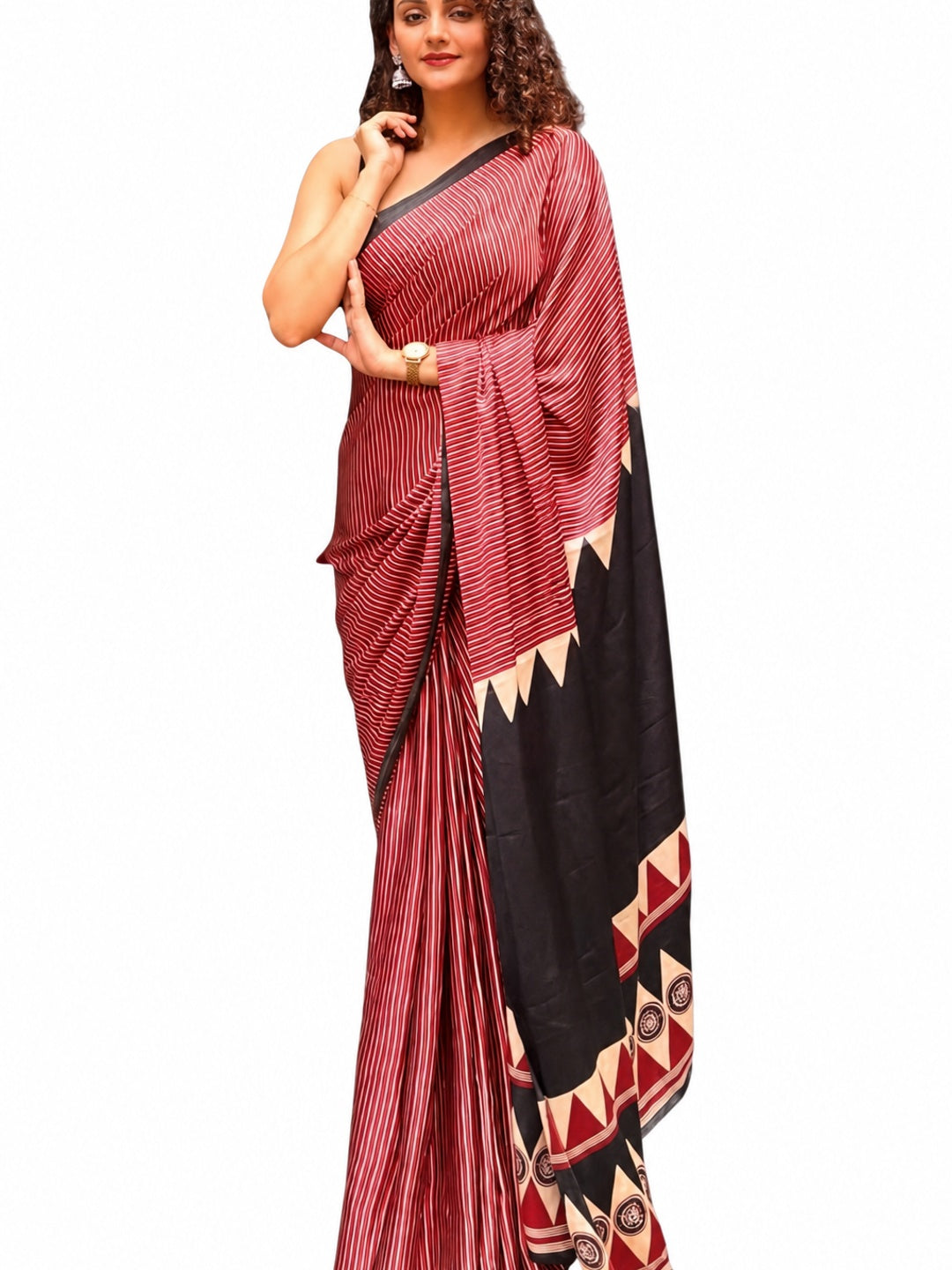 Peachmode Rust Semi Gajji Ajrakh Printed Silk Saree - Image 10