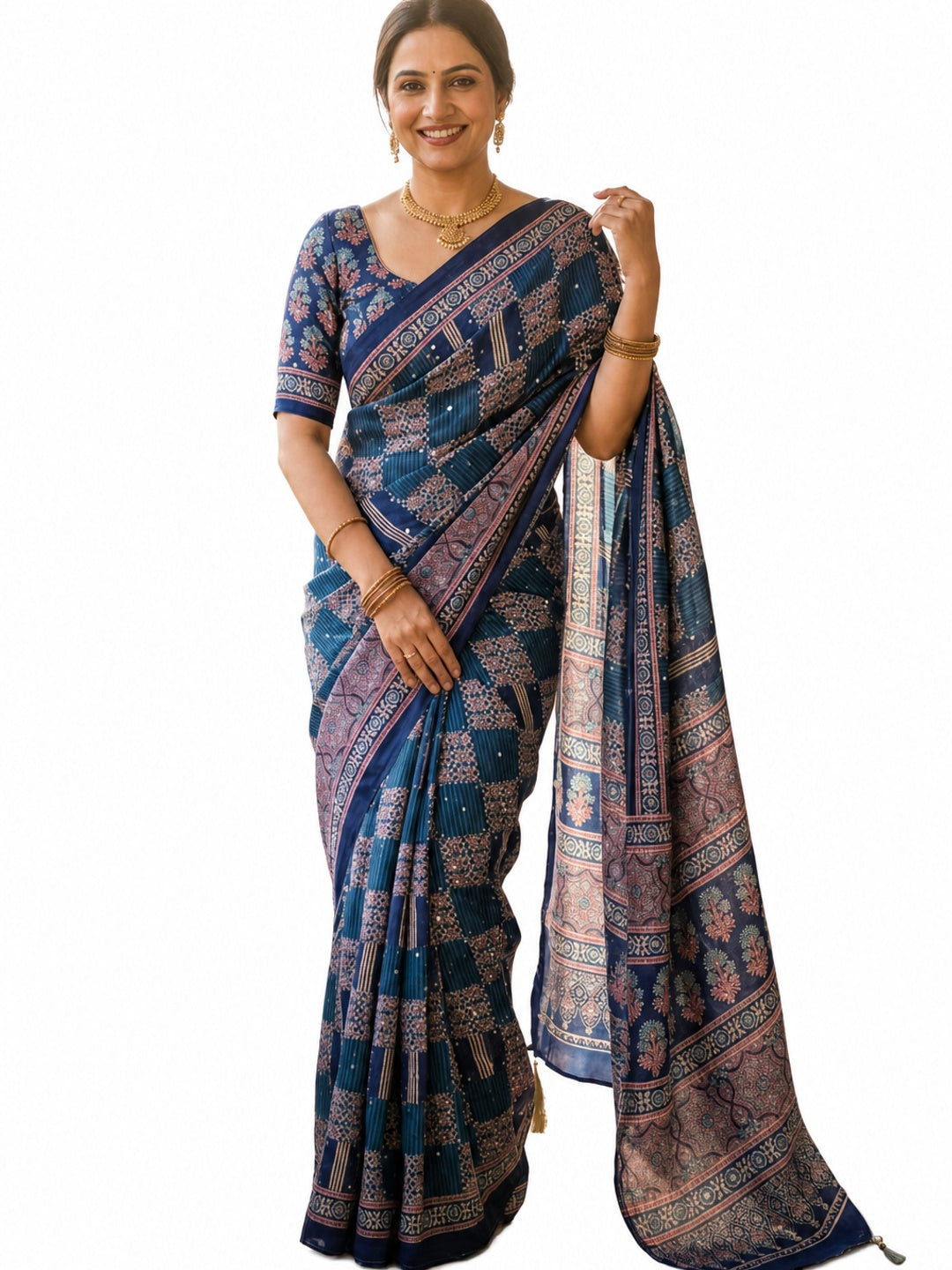 Peachmode Blue Semi Gajji Ajrakh Mirror Work Silk Saree - Image 11