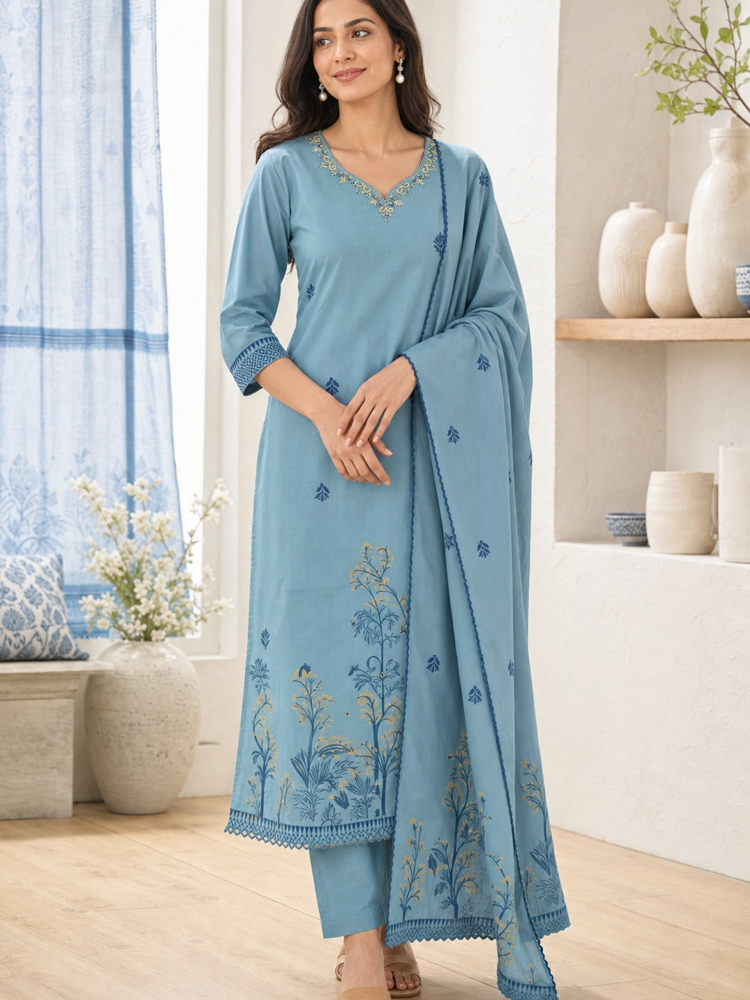 Blue Jamdani Embroidered Salwar Suit Set - Image 1