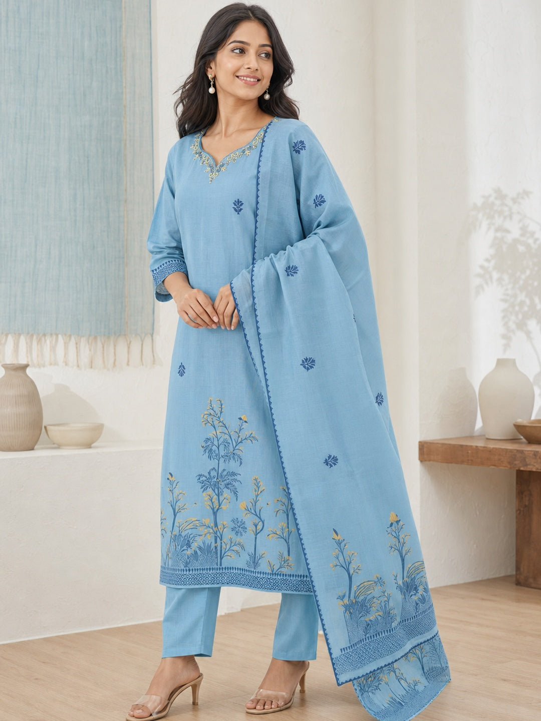 Blue Jamdani Embroidered Salwar Suit Set - Image 3