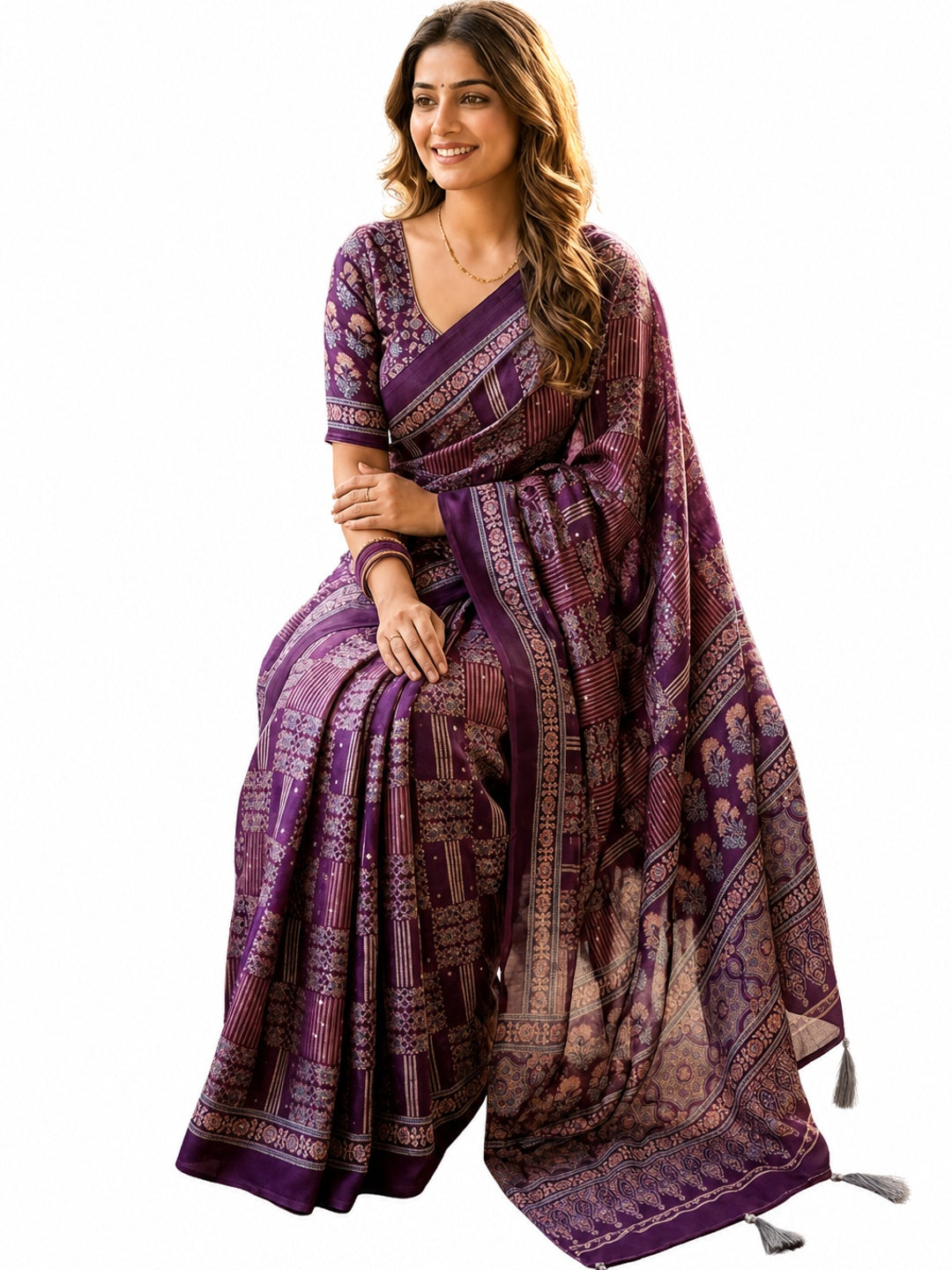 Peachmode Purple Semi Gajji Ajrakh Mirror Work Silk Saree - Image 7