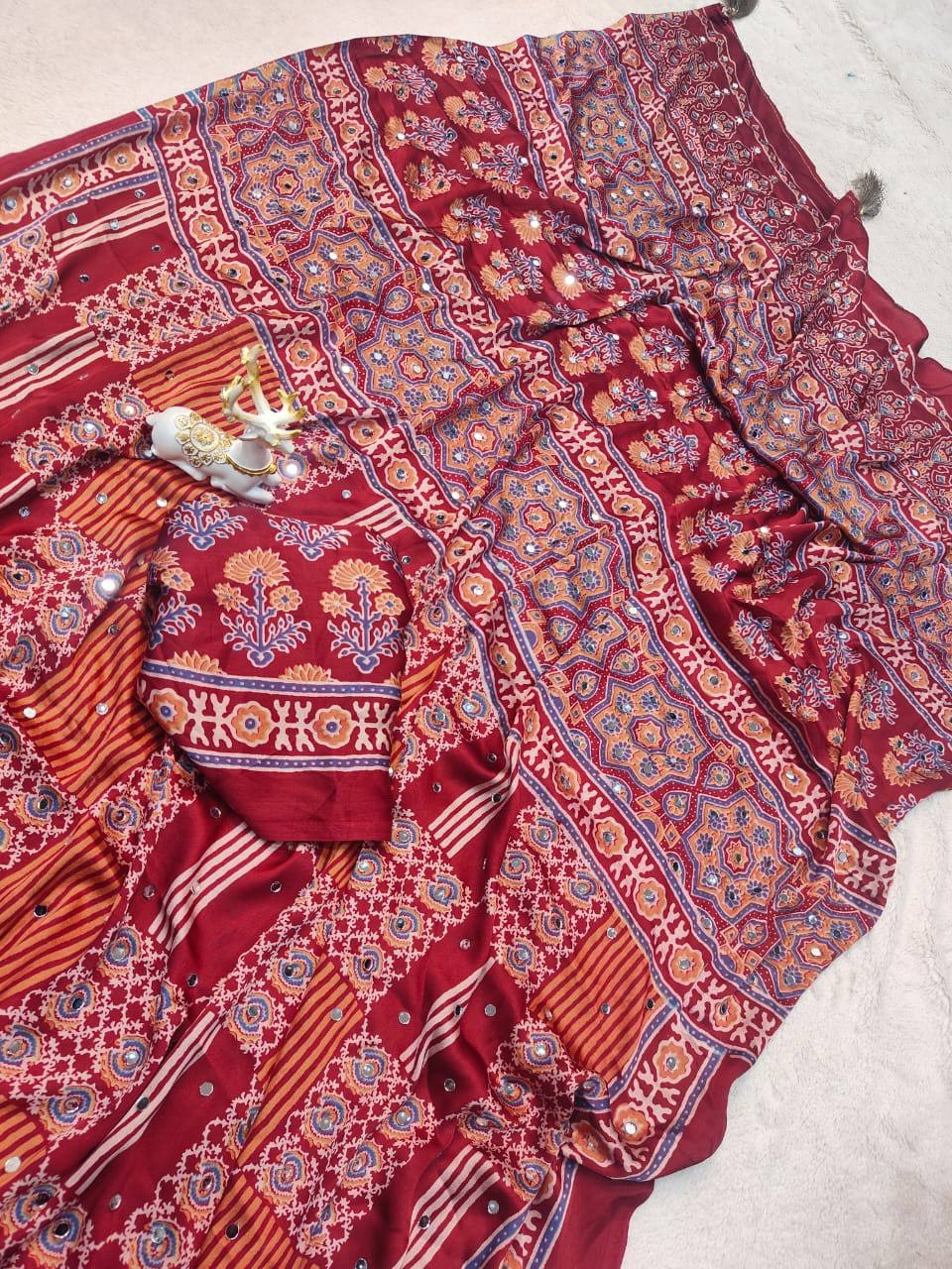Peachmode Red Semi Gajji Ajrakh Mirror Work Silk Saree - Image 4